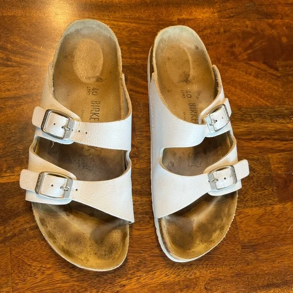 Birkenstock Two Strap Leather Sandals Cork Footbed Sz 40 (W9 M7) White - Picture 10 of 12